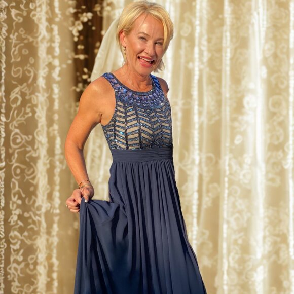 Betsy & Adam Blue Beaded and Sequin Sleeveless Chiffon Gown - Size 8 - Picture 2 of 10